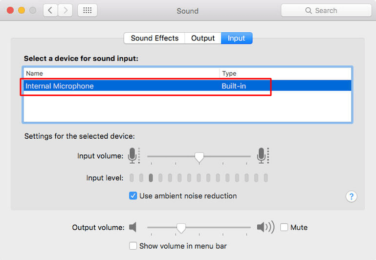 mac mic Input tab microphone list